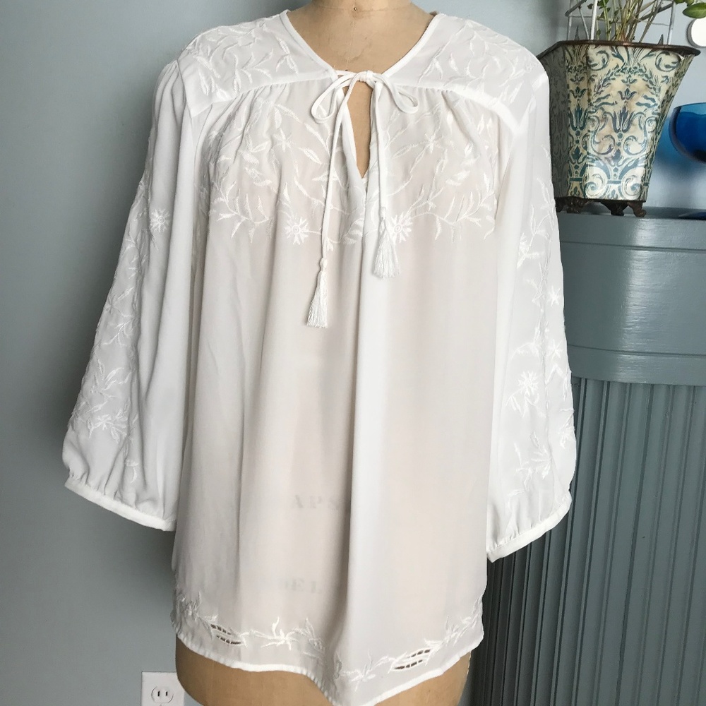 White Embroidered Peasant Blouse